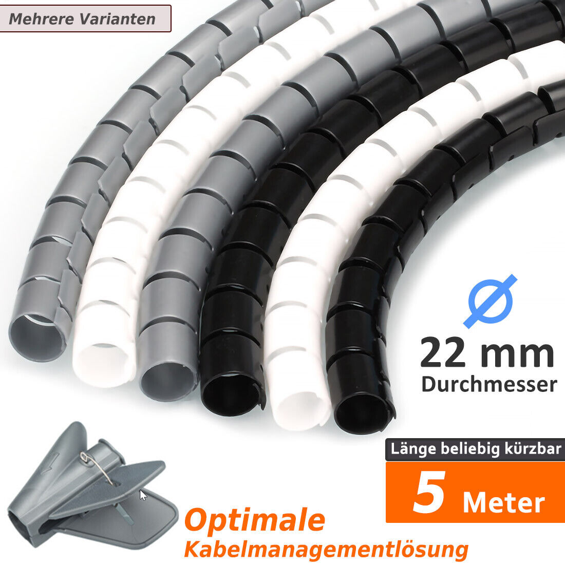 5 Meter (Dm. 22 mm) Flexible Kabelführung Kabel Schlauch Spirale Spiralschlauch Weiß