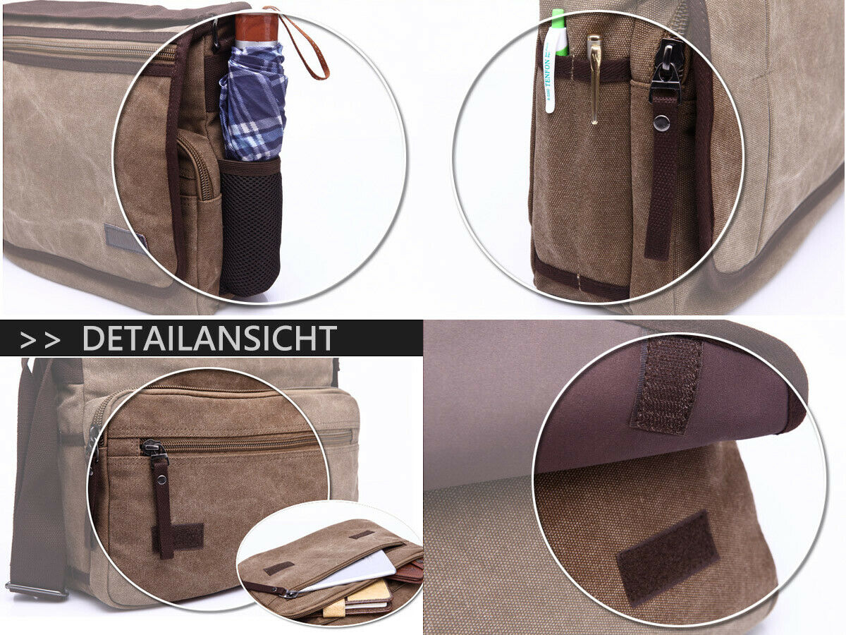 Herren Canvas Umhängetasche Tasche Messenger Bag mit Fach für iPad Tablet Braun