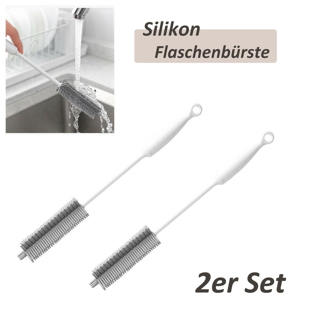 Silikon Flaschenbürste 2er Set mit langem Stiel für Flaschen Gläser Tassen 31 cm Grau