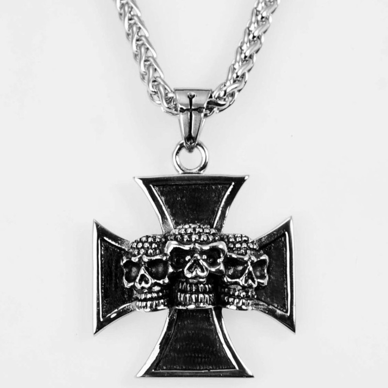Edelstahl Halskette mit 3D Anhänger: Kreuz mit 3 Totenköpfen