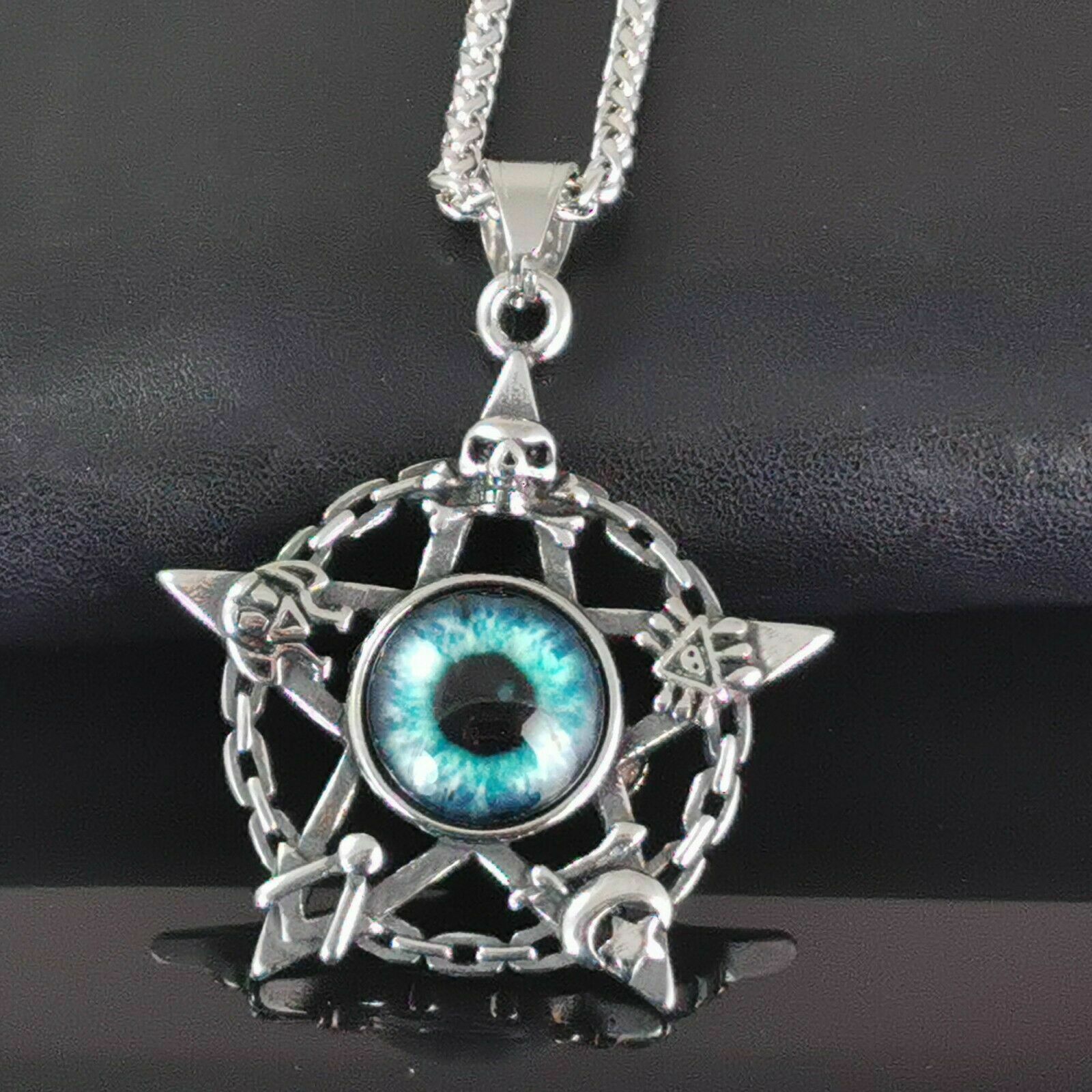 Design Edelstahl Halskette Kette mit 3D Anhänger Auge des Teufels Totenkopf Silber-Blau