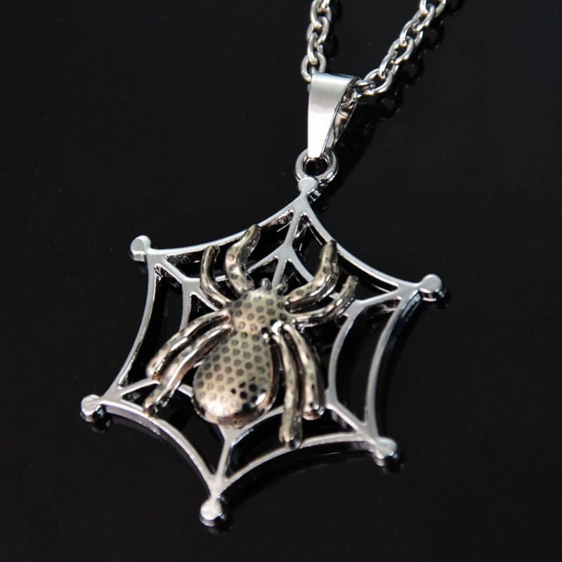 Edelstahl Halskette mit 3D Anhänger Spinne im Netz
