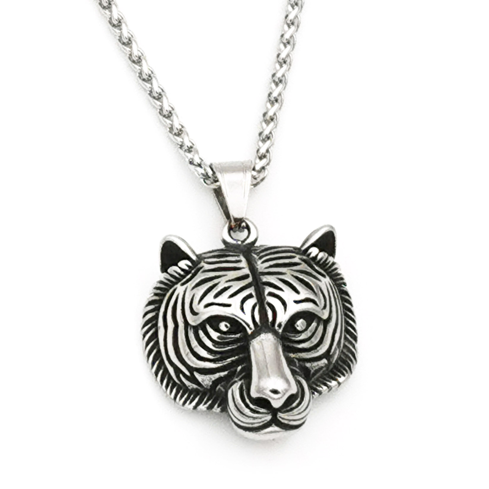 Design Edelstahl Herren Kette (55 cm, 3 mm) Halskette mit 3D Anhänger Tigerkopf Tiger