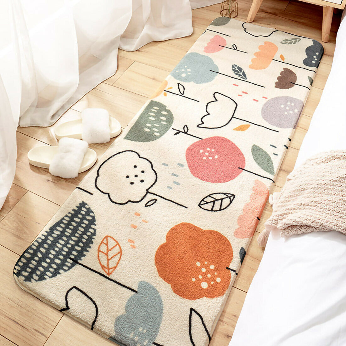 Premium Bett Schlafzimmer Wohn Matte Fußmatte Teppich Anti Rutsch Blumen Motiv 180 x 60 cm