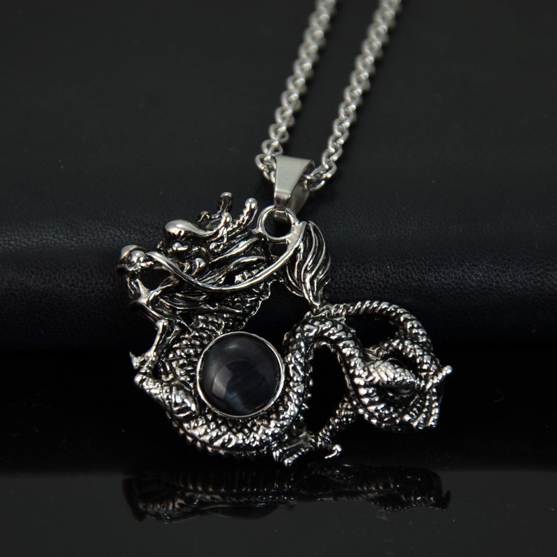 13823850258286 Edelstahl Halskette mit 3D Anhänger Drache spielt Ball