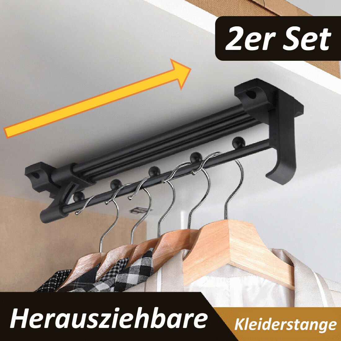 2er Set Ausziehbare Einbau Premium Kleider Stange aus Metall Hochwertig für Kleiderbügel