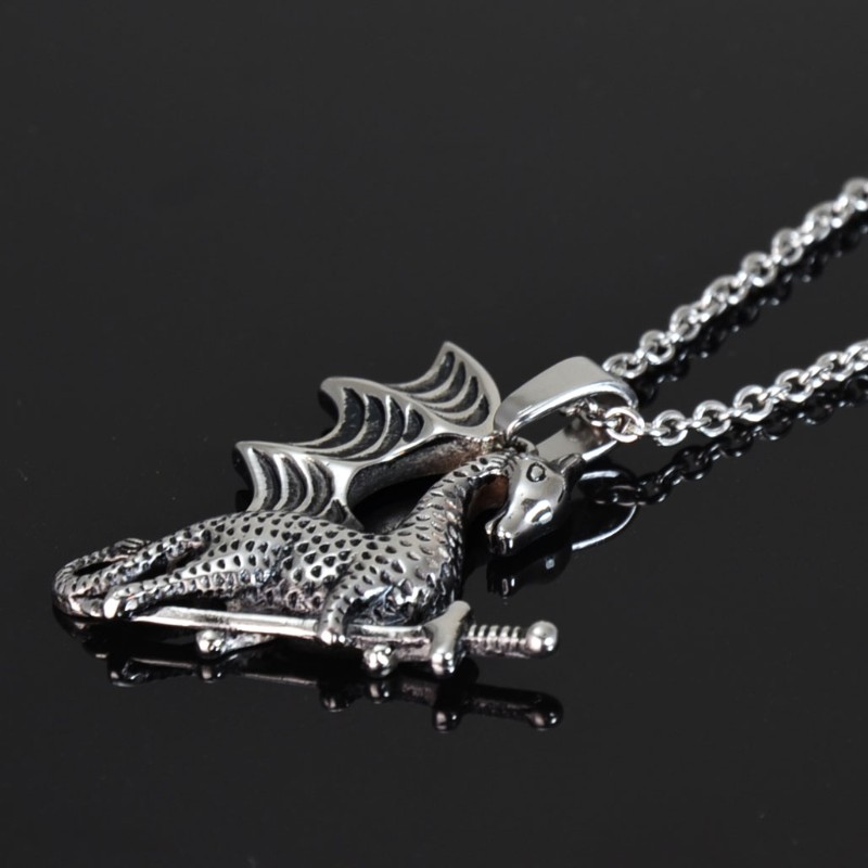 Design Edelstahl Halskette mit Anhänger fliegender Drache mit Schwert