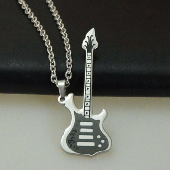 Edelstahl Halskette 50 cm Kette mit Anhänger Gitarre in Farbe Schwarz
