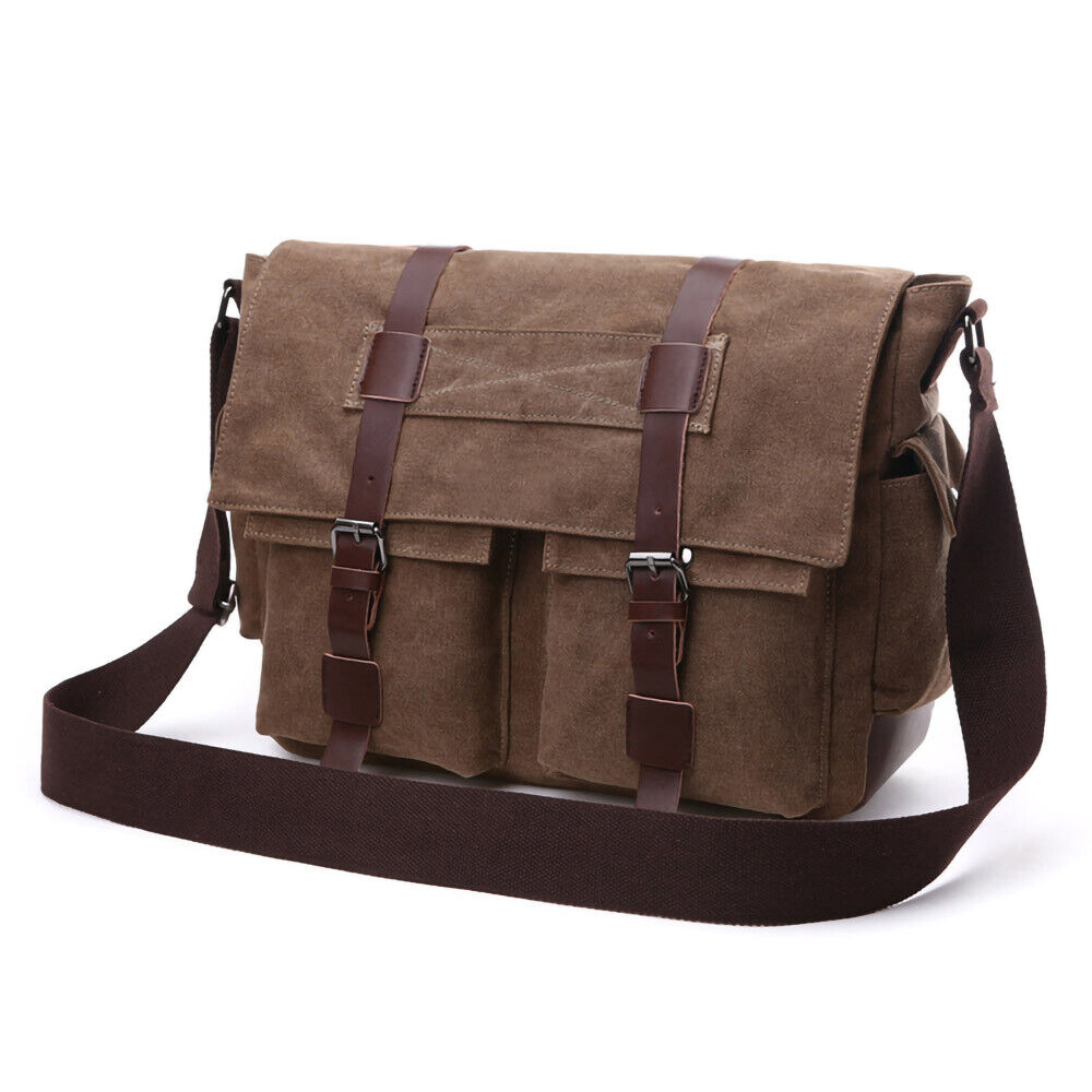 ODIXO Vintage Herren Umhängetasche Canvas Schulter Tasche Messenger Bag Tablet Fach Braun 58168-2