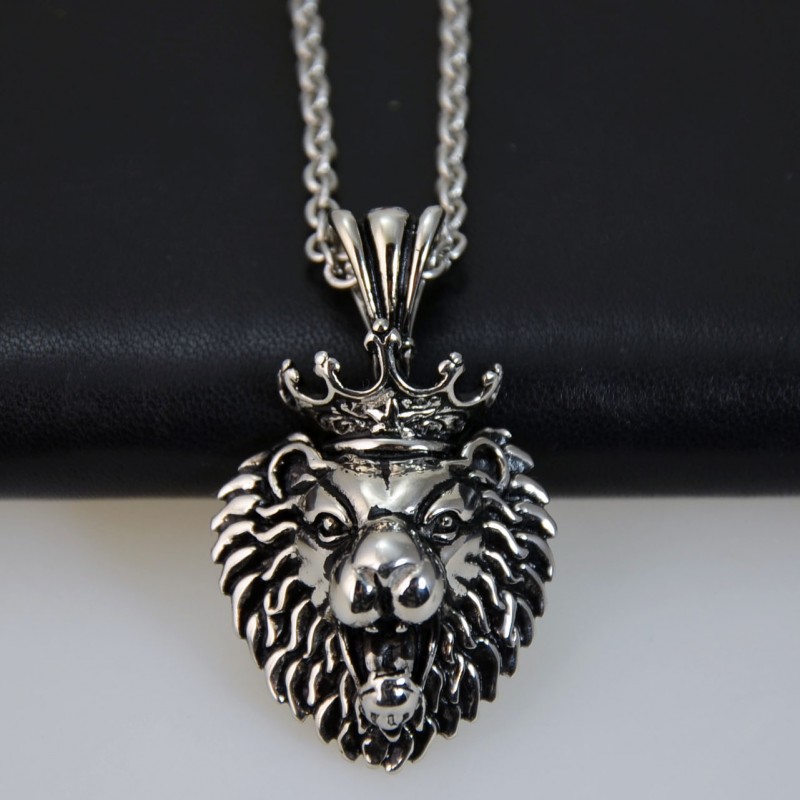 Edelstahl Halskette mit 3D Anhänger Löwe mit Krone