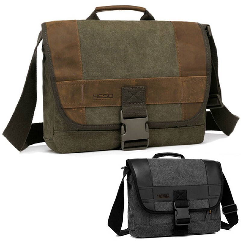 Yeso Outmaster Herren Umhängetasche Canvas Messenger Bag mit Echtleder Applikationen