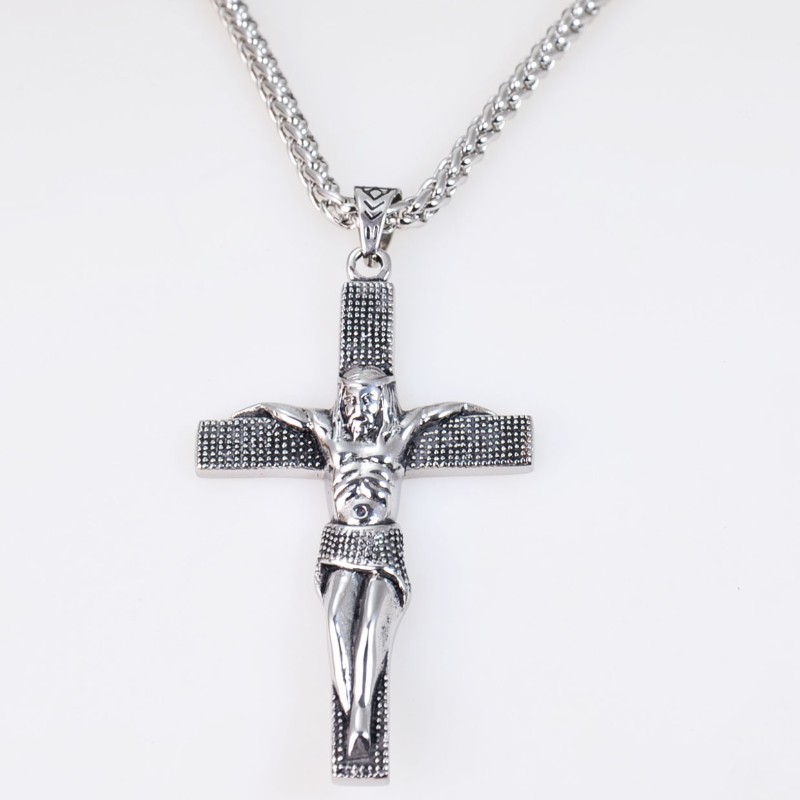 Edelstahl Halskette mit XL Anhänger KREUZ MIT JESUS