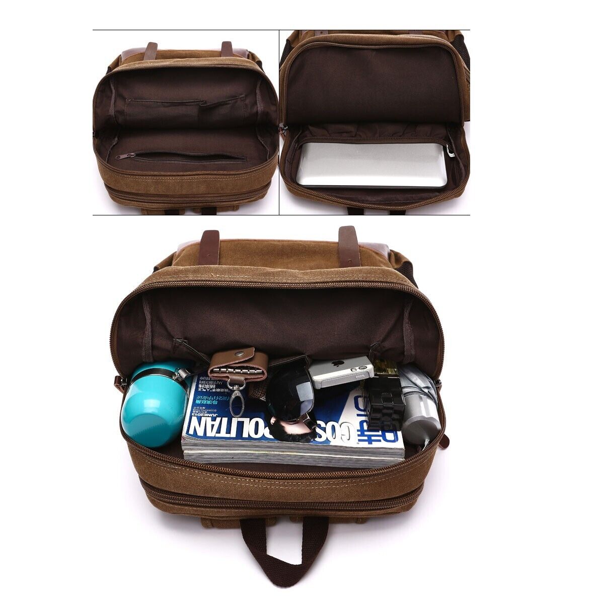ODIXO Herren Canvas Rucksack Laptop Notebook Backpack 2 Hauptfächer Braun 50039