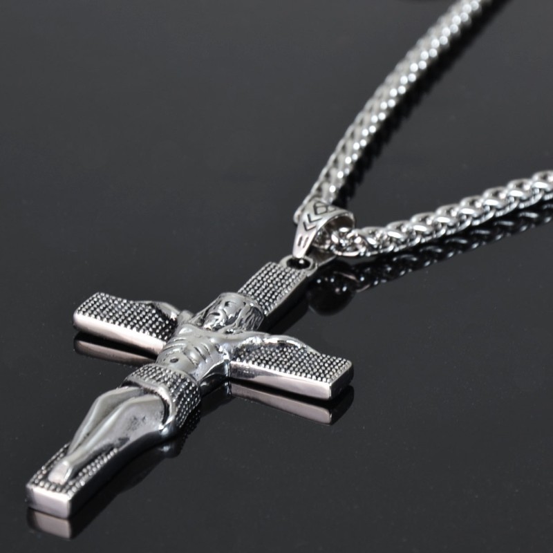 Edelstahl Halskette mit XL Anhänger KREUZ MIT JESUS