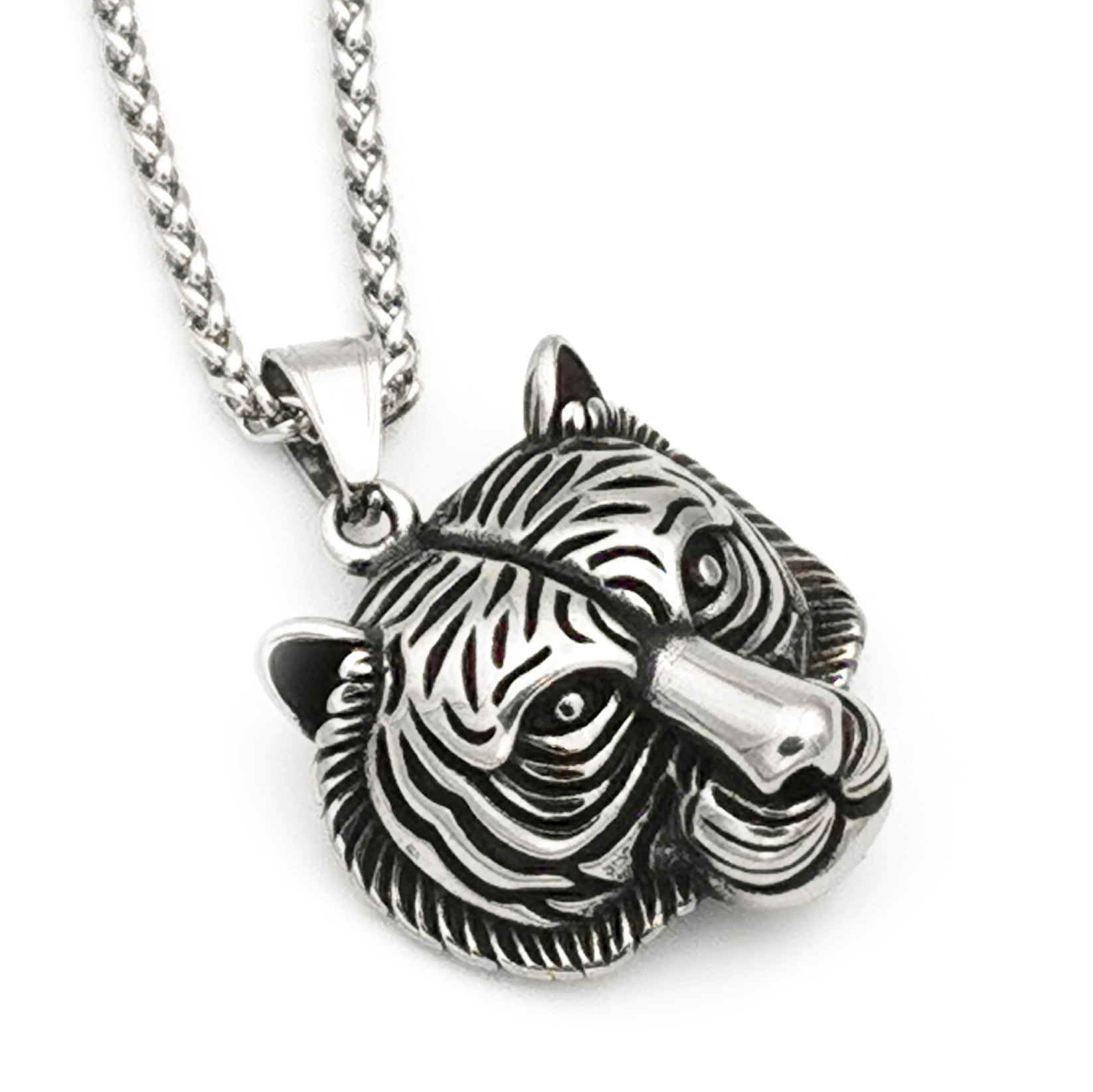 Design Edelstahl Herren Kette (55 cm, 3 mm) Halskette mit 3D Anhänger Tigerkopf Tiger