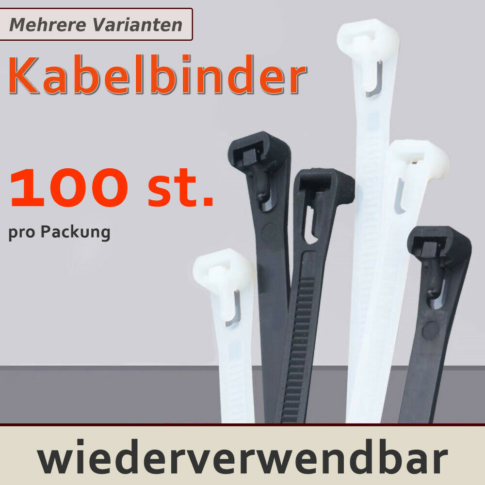 Innenverzahnter Kabelbinder 100 Stk. Wiederverwendbar lösbar Nylon Schwarz 8x150 mm