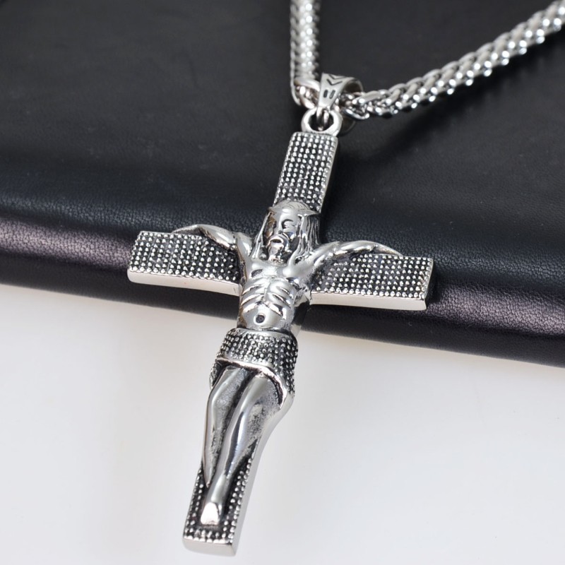 Edelstahl Halskette mit XL Anhänger KREUZ MIT JESUS