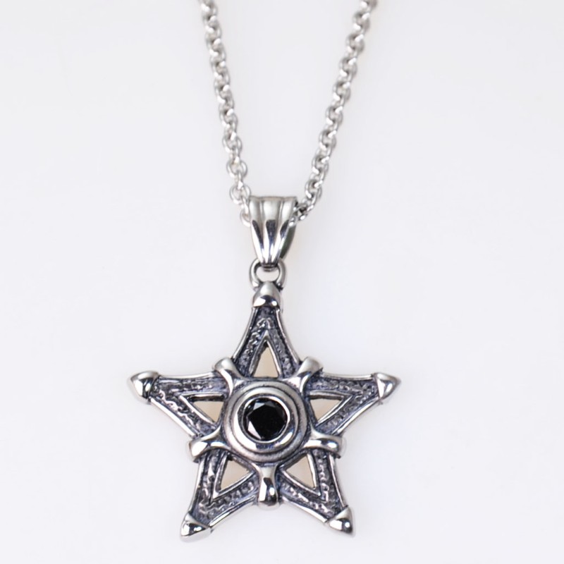 14135651251143 Edelstahl Halskette mit 3D Anhänger: Design Fünfstern Pentagramm