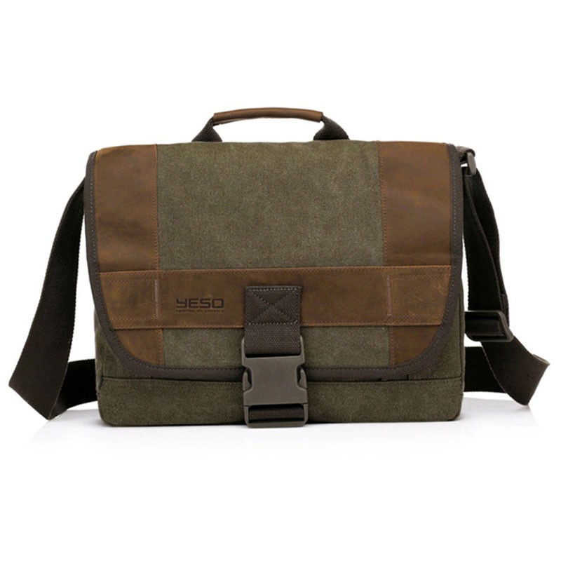 Yeso Outmaster Herren Umhängetasche Canvas Messenger Bag mit Echtleder Applikationen