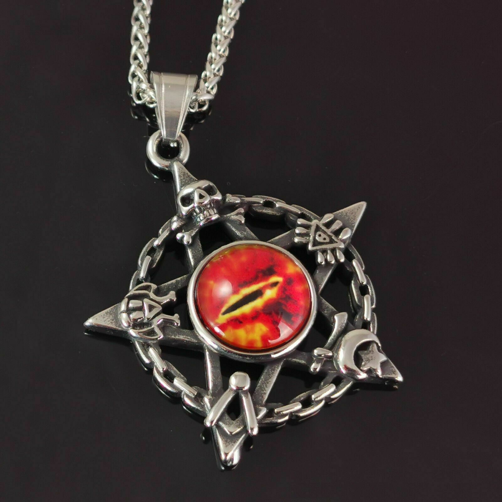 Design Edelstahl Halskette Kette mit 3D Anhänger Auge des Teufels Totenkopf Silber-Rot