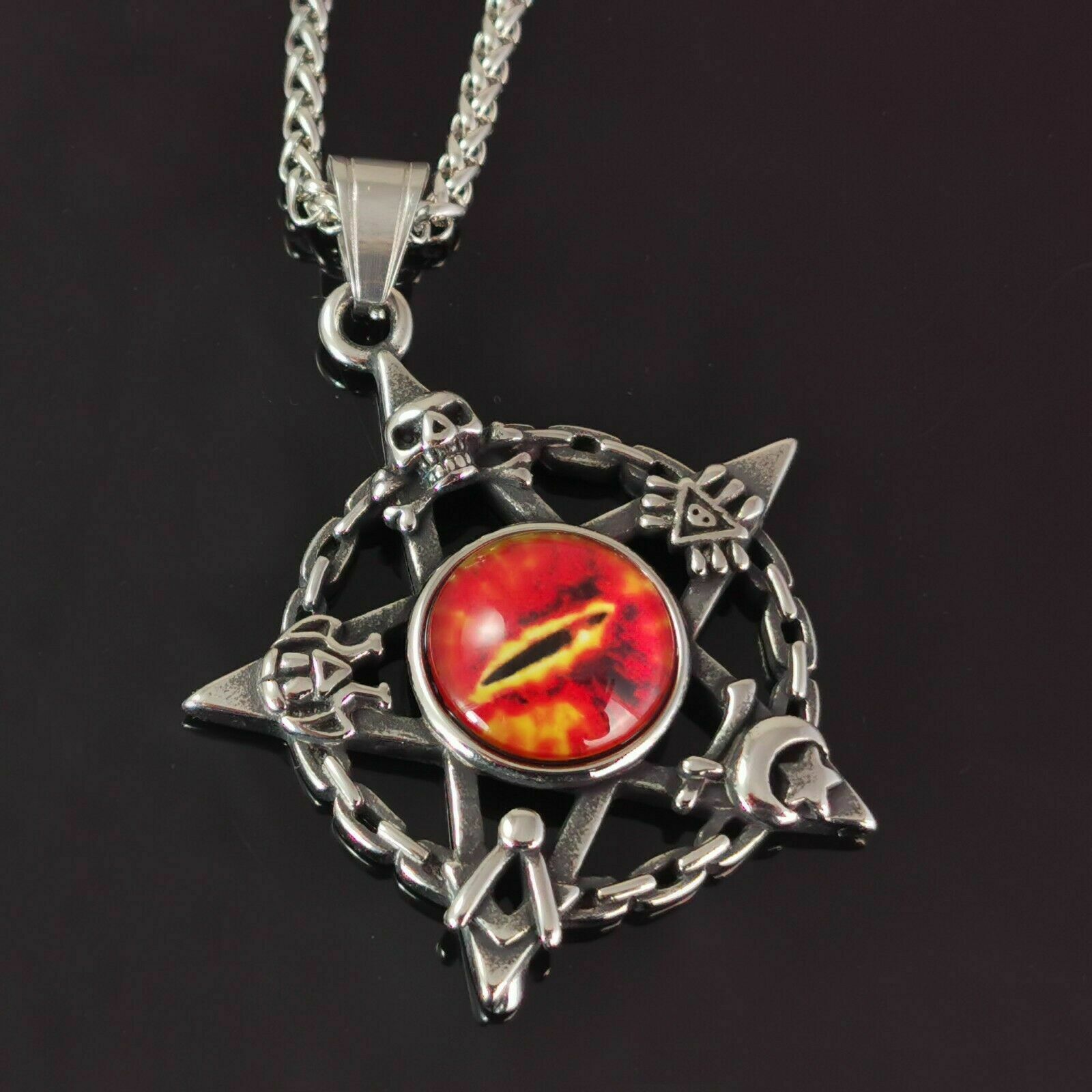 Design Edelstahl Halskette Kette mit 3D Anhänger Auge des Teufels Totenkopf Silber-Rot Design Edelstahl Halskette Kette mit 3D Anhänger Auge des Teufels Totenkopf Silber-Rot