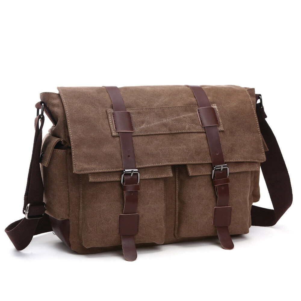 ODIXO Vintage Herren Umhängetasche Canvas Schulter Tasche Messenger Bag Tablet Fach Braun 58168-2