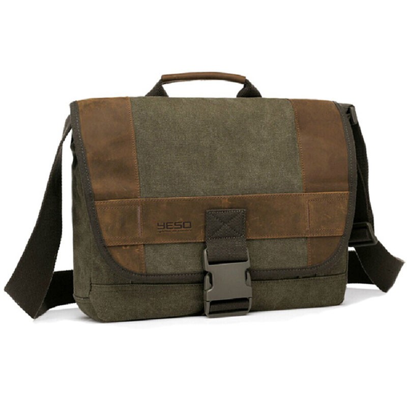 Yeso Outmaster Herren Umhängetasche Canvas Messenger Bag mit Echtleder Applikationen