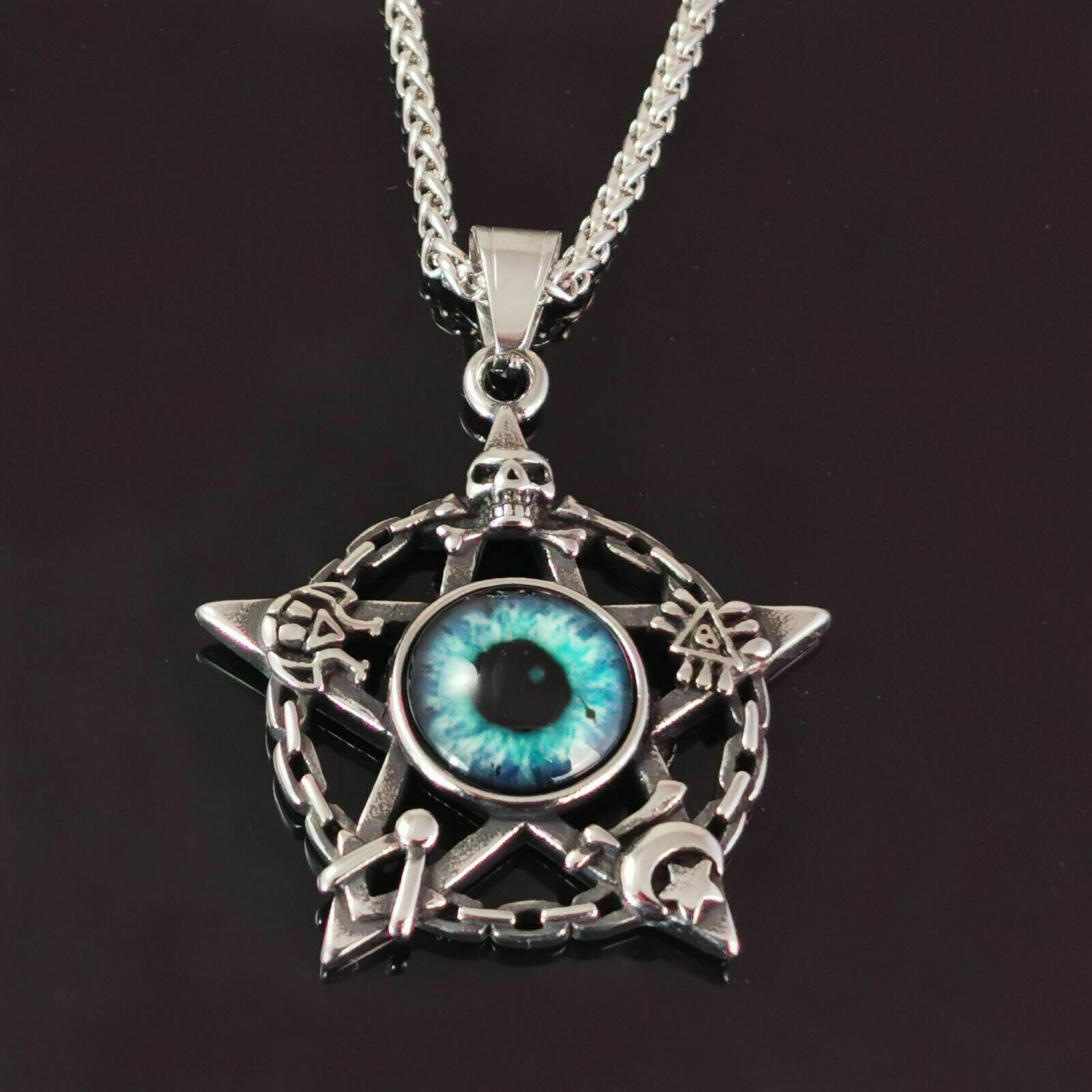 Design Edelstahl Halskette Kette mit 3D Anhänger Auge des Teufels Totenkopf Silber-Blau