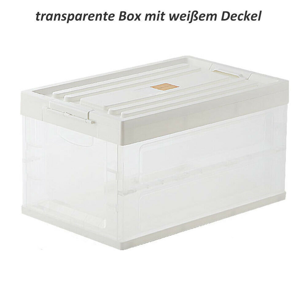 Premium faltbare Aufbewahrungsbox mit Deckel Faltbox Box Klapp Kiste KFZ Reise Transparent mit weißem Deckel 30L