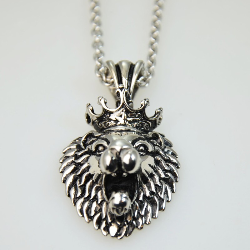 Edelstahl Halskette mit 3D Anhänger Löwe mit Krone