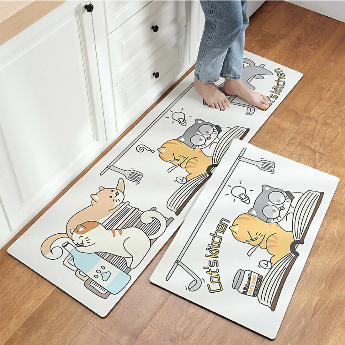 2er Set Premium Küche Wohnmatte Fußmatte Teppich Antirutsch Bad Wohnzimmer Matte Katze