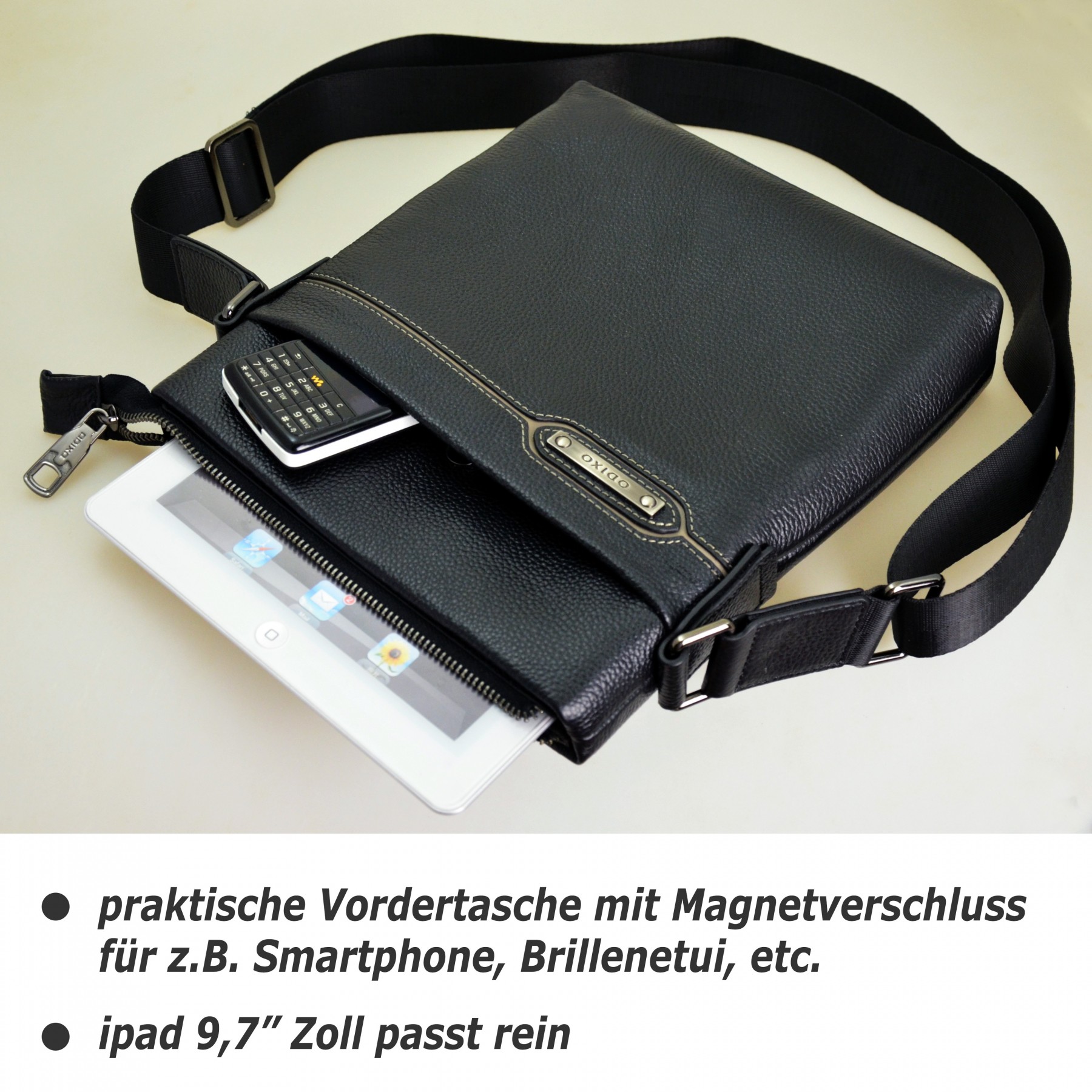 ODIXO Herren Umhängetasche Messenger Bag Schwarz Echtleder B2931-1