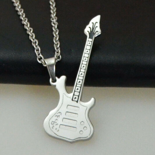 Edelstahl Halskette 50 cm Kette mit Anhänger Gitarre in Farbe Silber