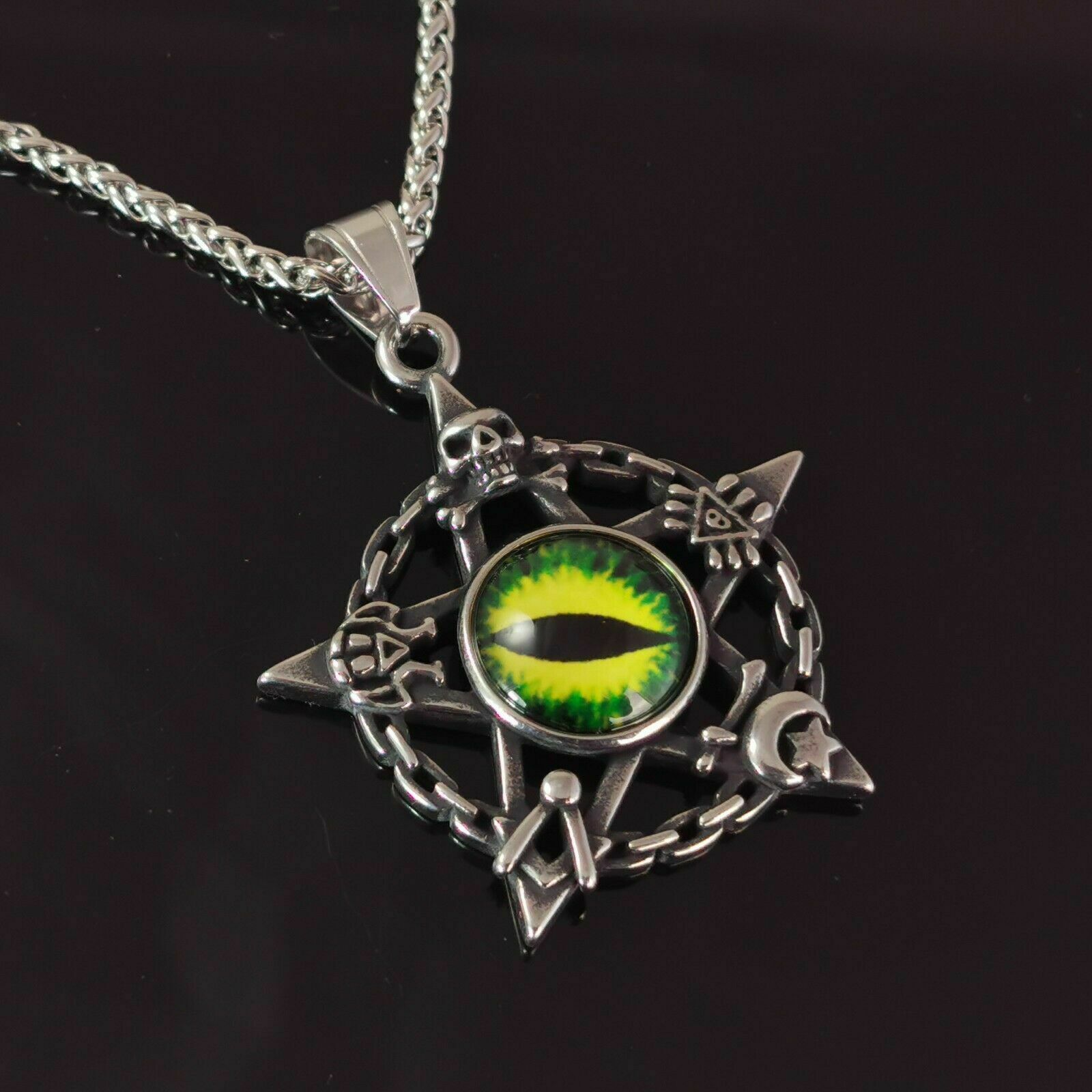 Design Edelstahl Halskette Kette mit 3D Anhänger Auge des Teufels Totenkopf Silber-Grün